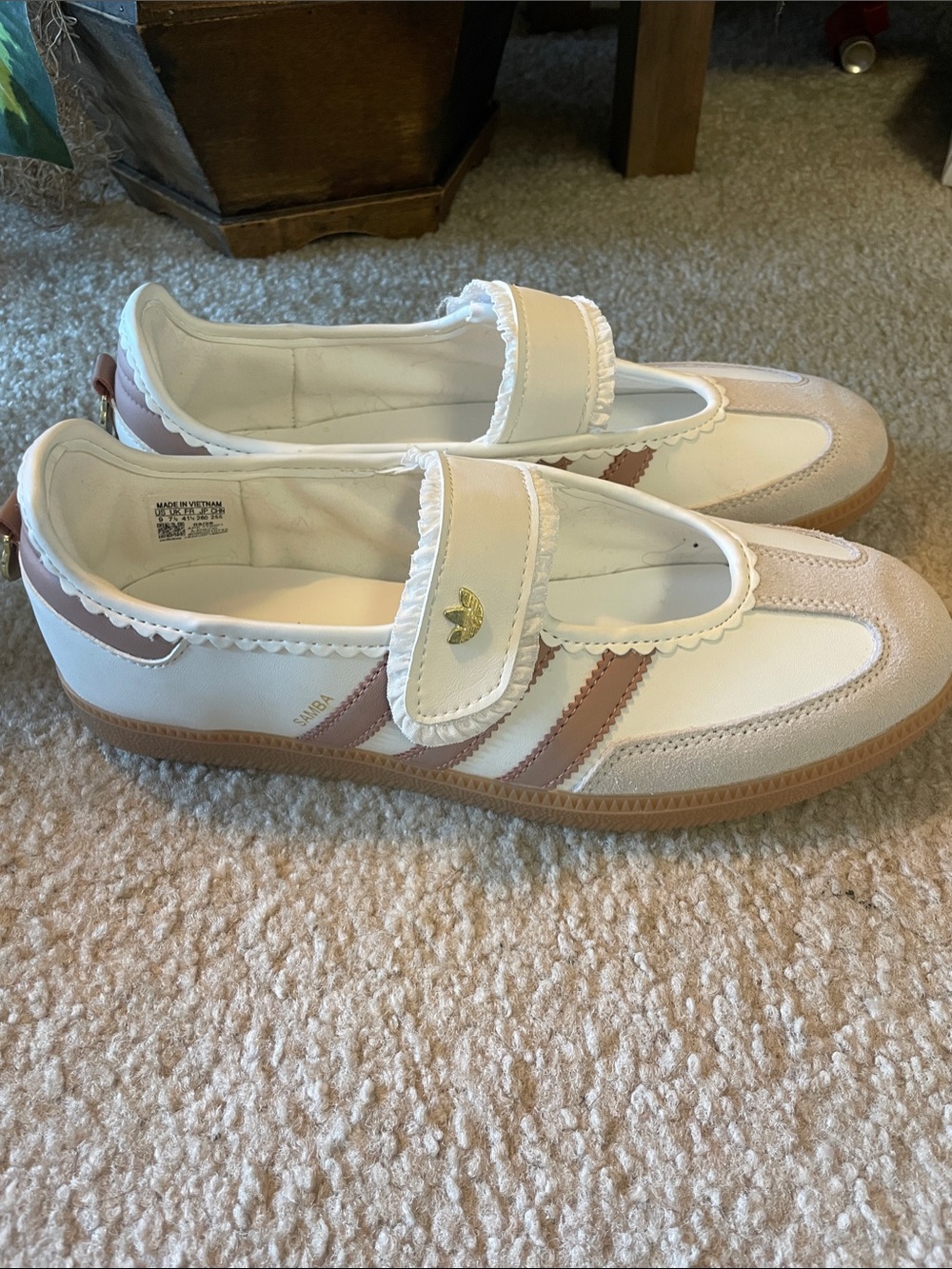 adidas White and Blush Pink Mary Jane Flats with Gold Trefoil